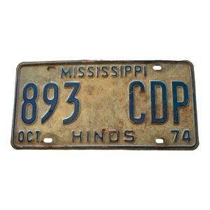 CAR OLD ANTIQUE VINTAGE MISSISSIPPI LICENSE PLATE CAR TAG 1974 Hinds COUNTY